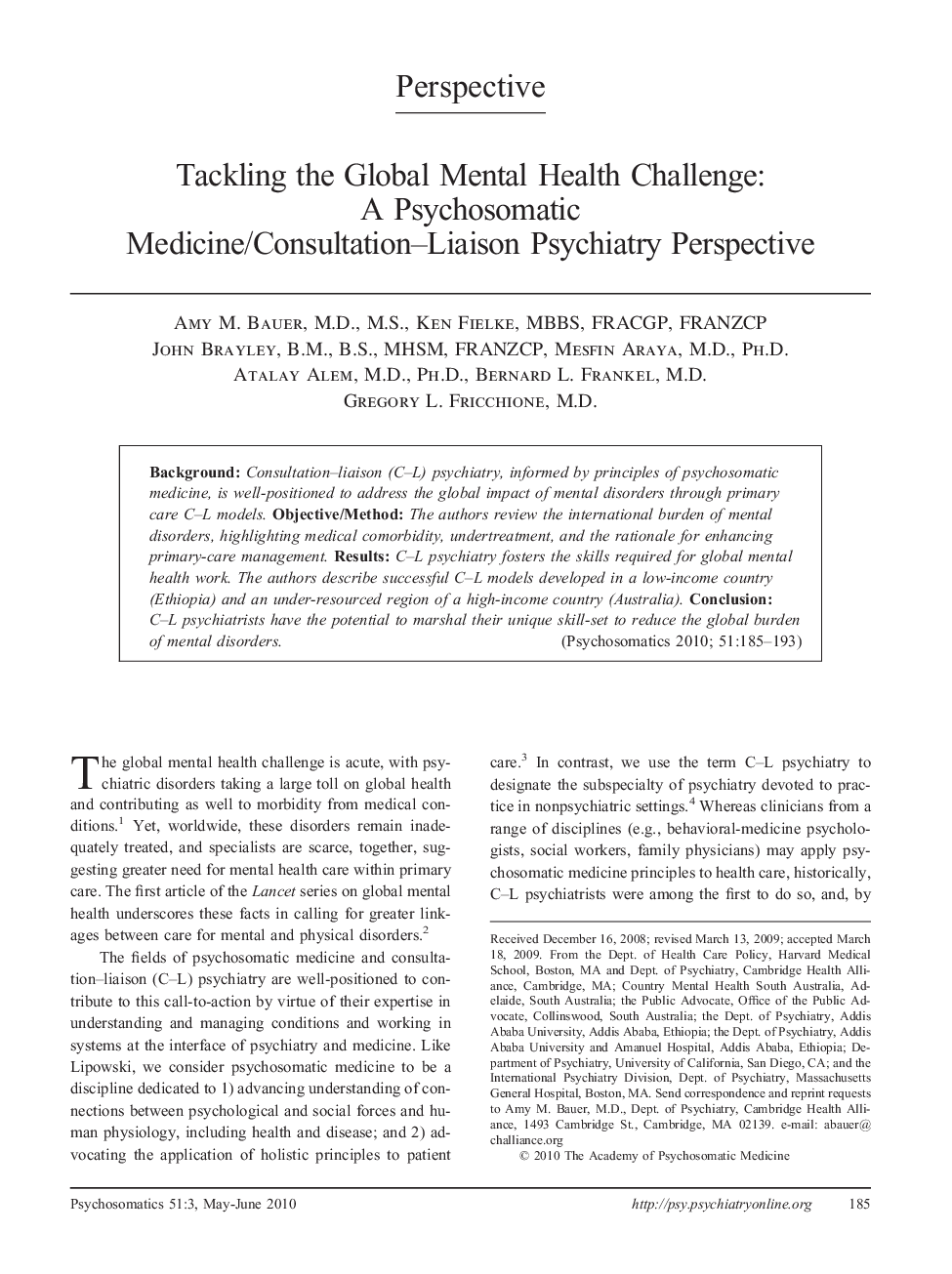 عکس صفحه اول مقاله: Tackling the Global Mental Health Challenge: A Psychosomatic Medicine/Consultation–Liaison Psychiatry Perspective Tackling the Global Mental Health Challenge: A Psychosomatic Medicine/Consultation–Liaison Psychiatry Perspective