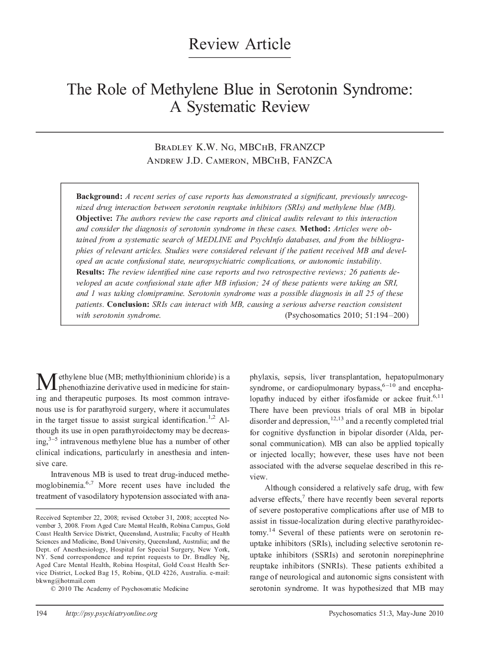 The Role of Methylene Blue in Serotonin Syndrome: A Systematic Review