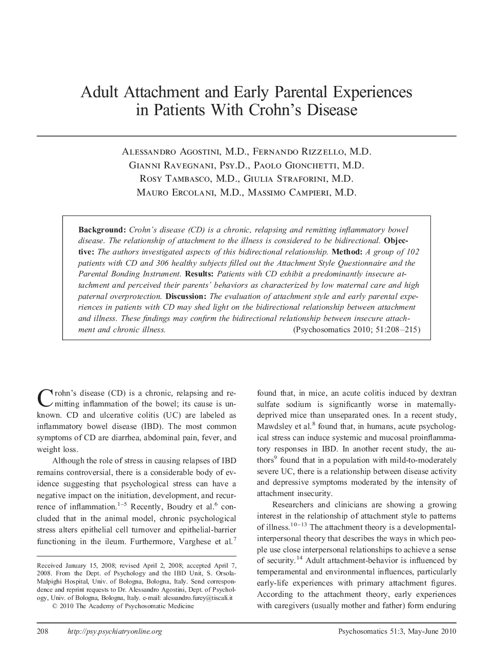 Adult Attachment and Early Parental Experiences in Patients With Crohn’s Disease