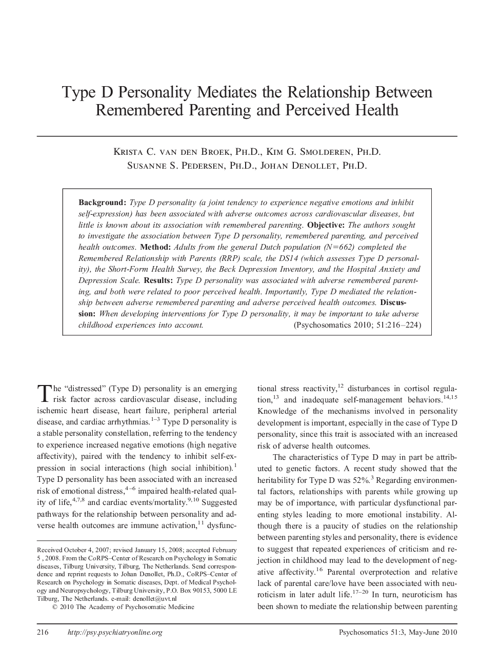 Type D Personality Mediates the Relationship Between Remembered Parenting and Perceived Health