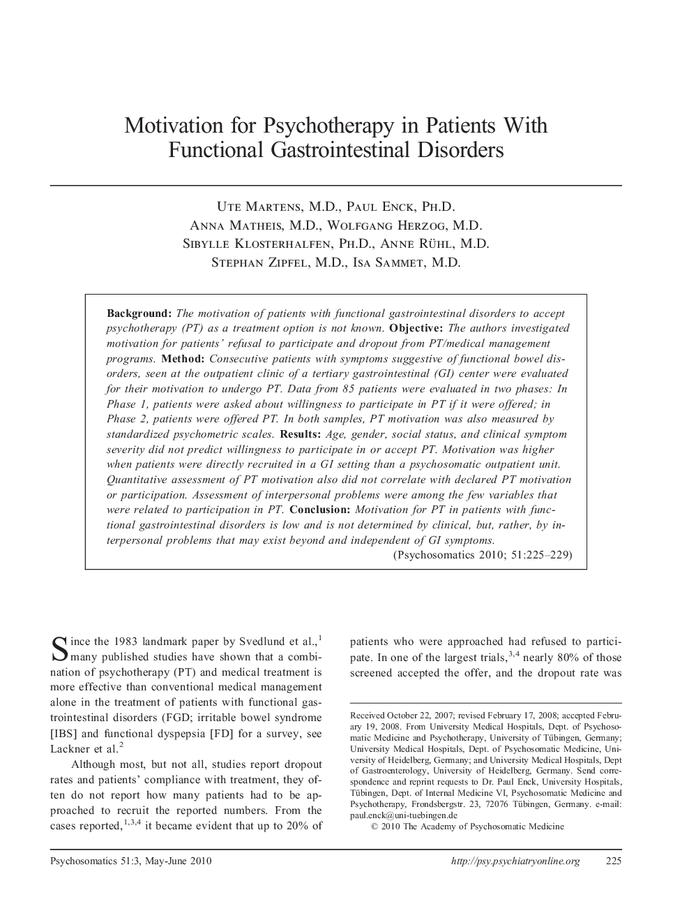 Motivation for Psychotherapy in Patients With Functional Gastrointestinal Disorders