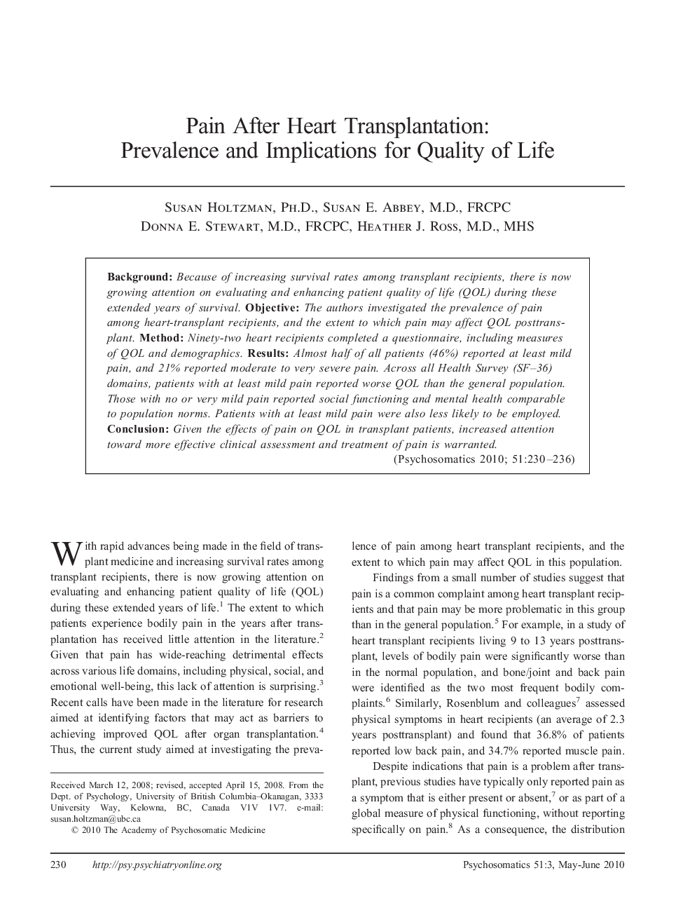 عکس صفحه اول مقاله: Pain After Heart Transplantation: Prevalence and Implications for Quality of Life Pain After Heart Transplantation: Prevalence and Implications for Quality of Life