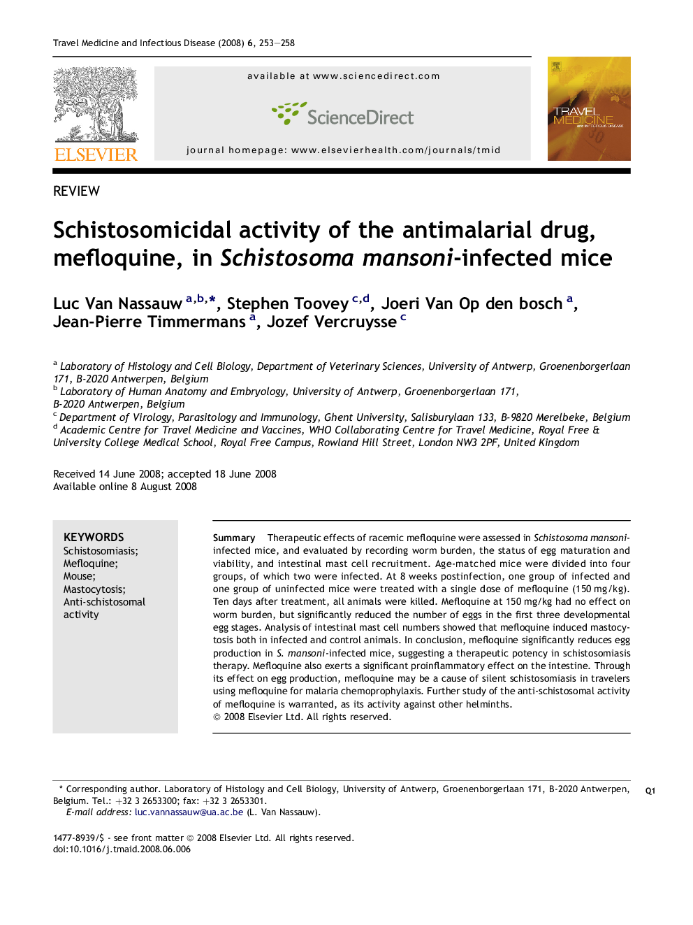 Schistosomicidal activity of the antimalarial drug, mefloquine, in Schistosoma mansoni-infected mice