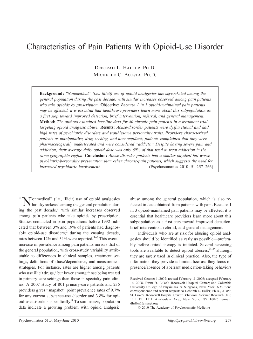 عکس صفحه اول مقاله: Characteristics of Pain Patients With Opioid-Use Disorder Characteristics of Pain Patients With Opioid-Use Disorder