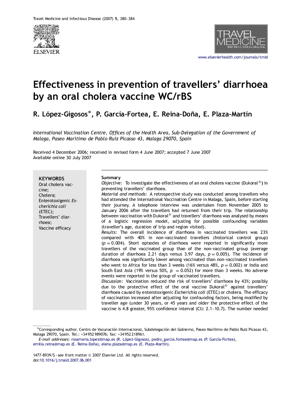 Effectiveness in prevention of travellers’ diarrhoea by an oral cholera vaccine WC/rBS