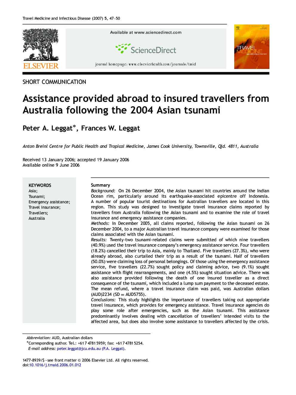 Assistance provided abroad to insured travellers from Australia following the 2004 Asian tsunami