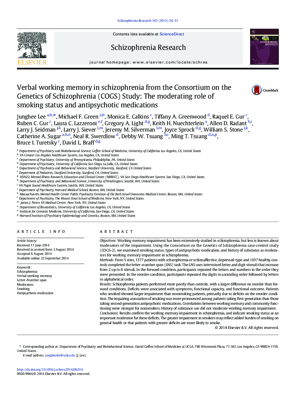 Verbal working memory in schizophrenia from the Consortium on the Genetics of Schizophrenia (COGS) Study: The moderating role of smoking status and antipsychotic medications