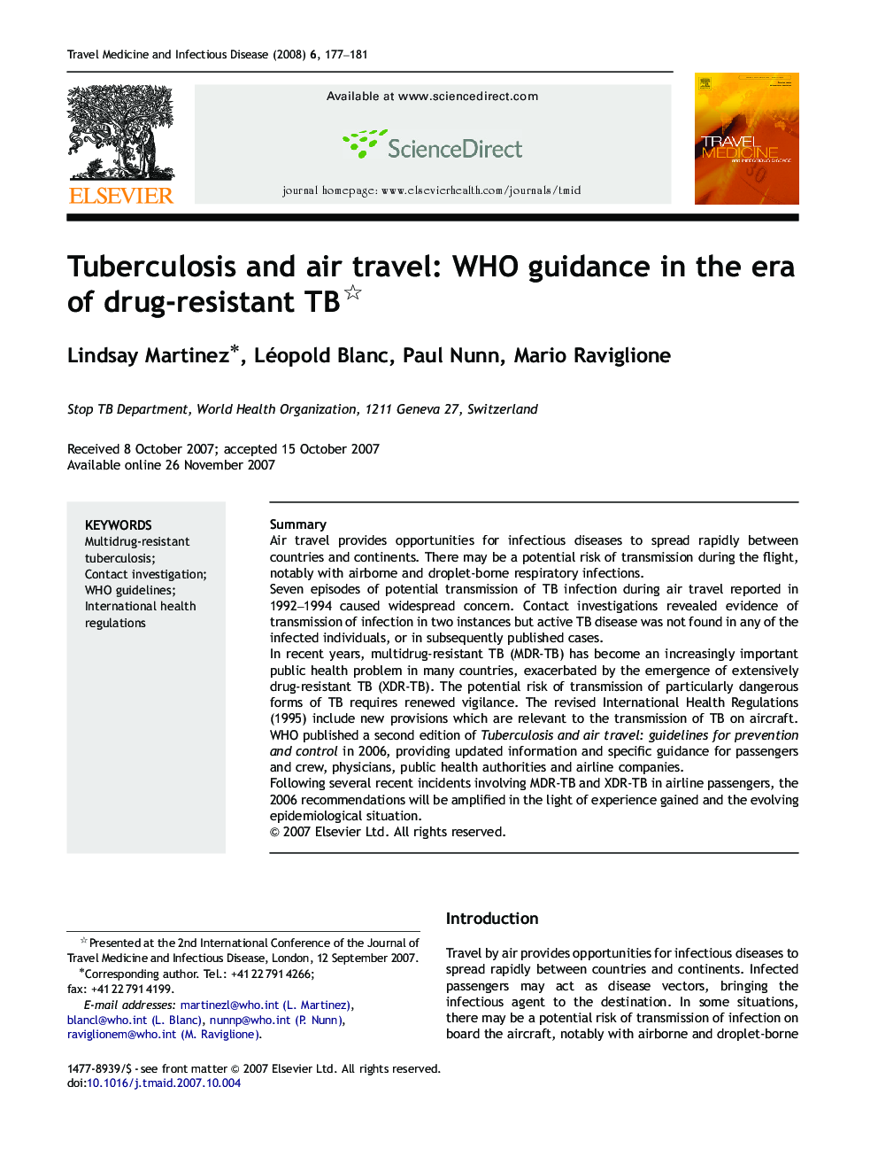 Tuberculosis and air travel: WHO guidance in the era of drug-resistant TB 