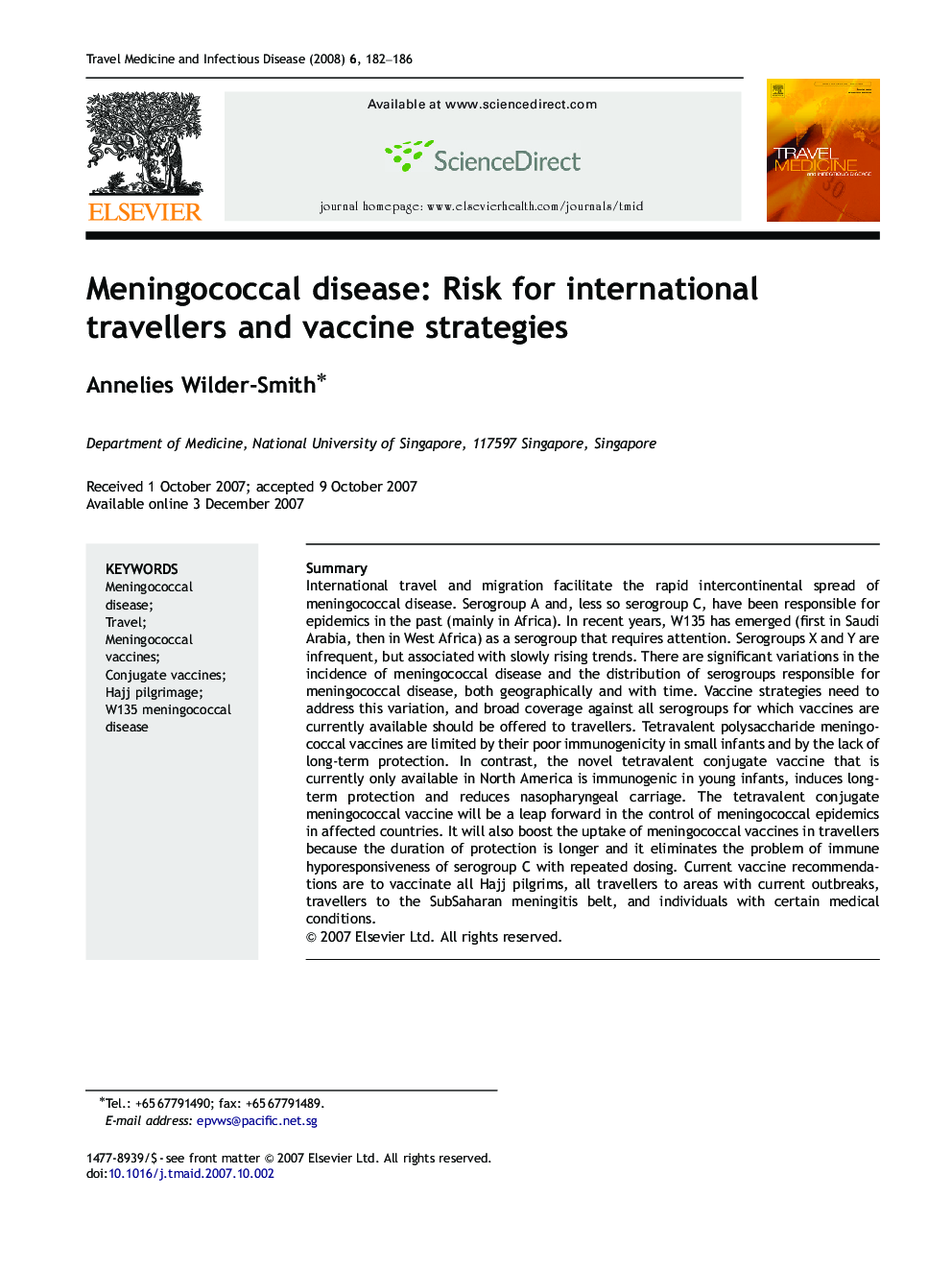 Meningococcal disease: Risk for international travellers and vaccine strategies