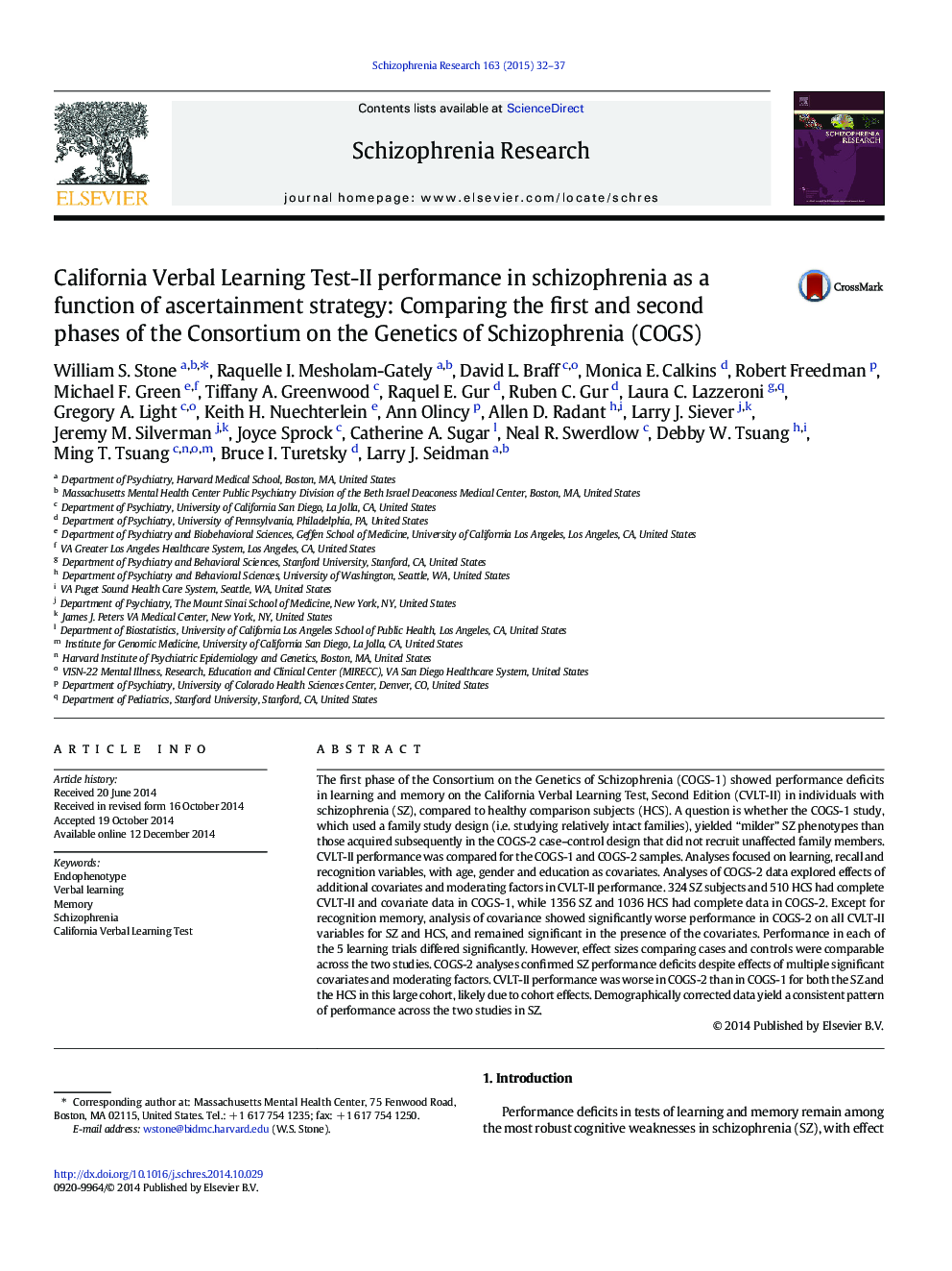 California Verbal Learning Test-II performance in schizophrenia as a function of ascertainment strategy: Comparing the first and second phases of the Consortium on the Genetics of Schizophrenia (COGS)