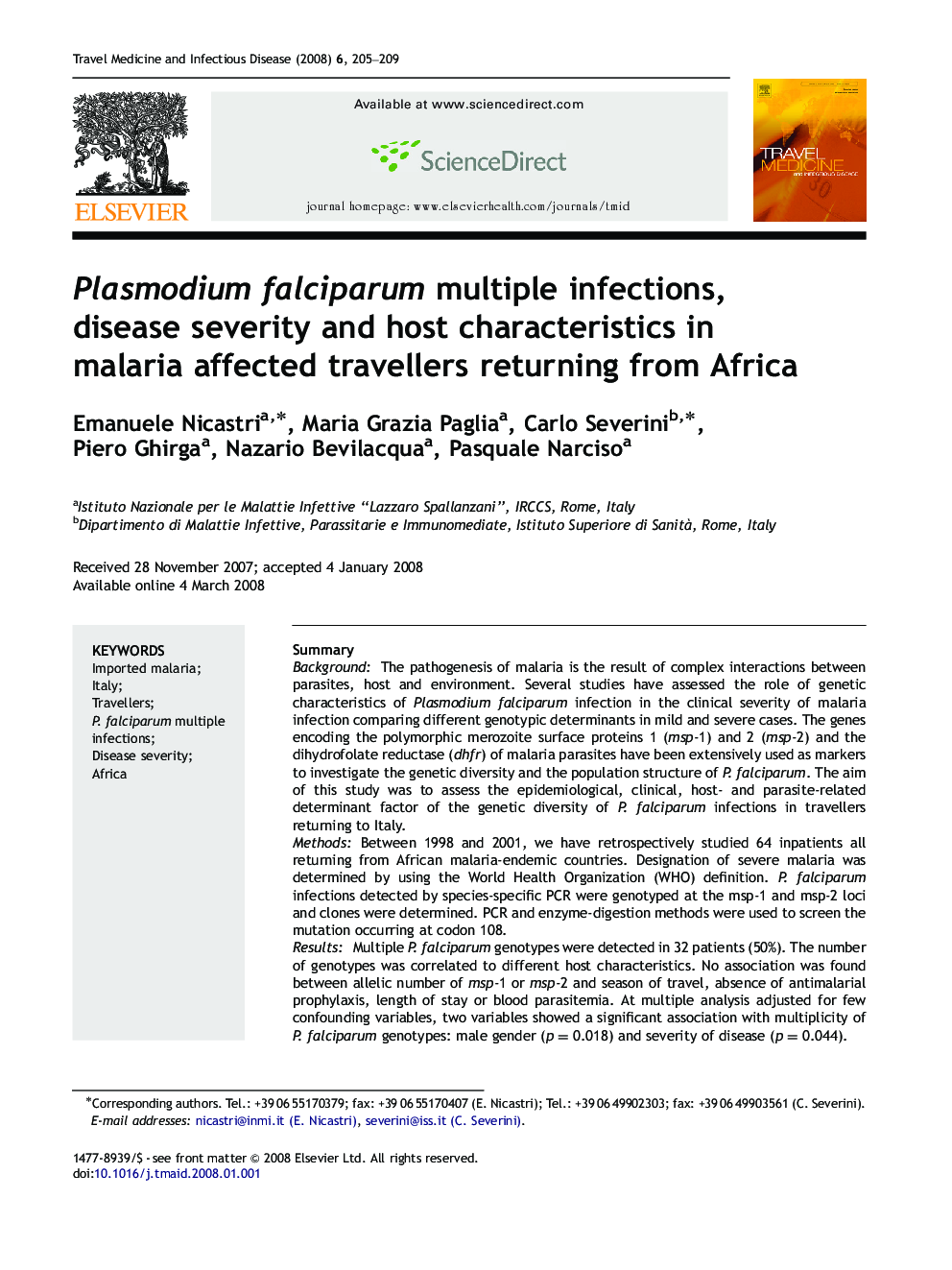 Plasmodium falciparum multiple infections, disease severity and host characteristics in malaria affected travellers returning from Africa