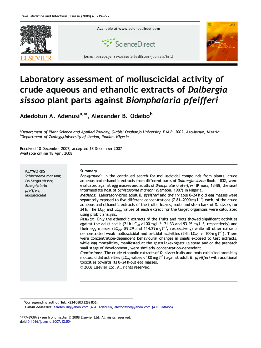 Laboratory assessment of molluscicidal activity of crude aqueous and ethanolic extracts of Dalbergia sissoo plant parts against Biomphalaria pfeifferi