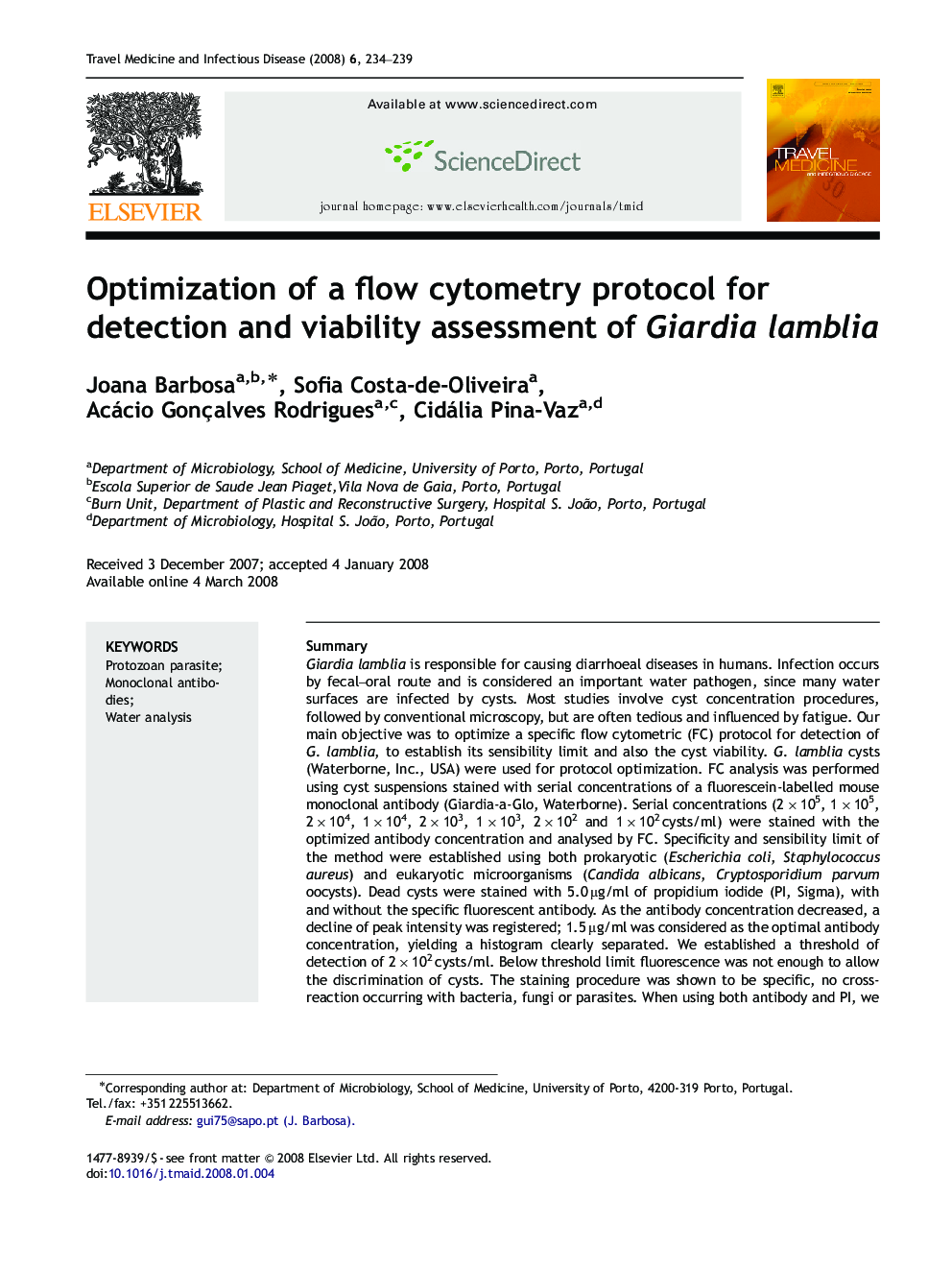 عکس صفحه اول مقاله: Optimization of a flow cytometry protocol for detection and viability assessment of Giardia lamblia Optimization of a flow cytometry protocol for detection and viability assessment of Giardia lamblia