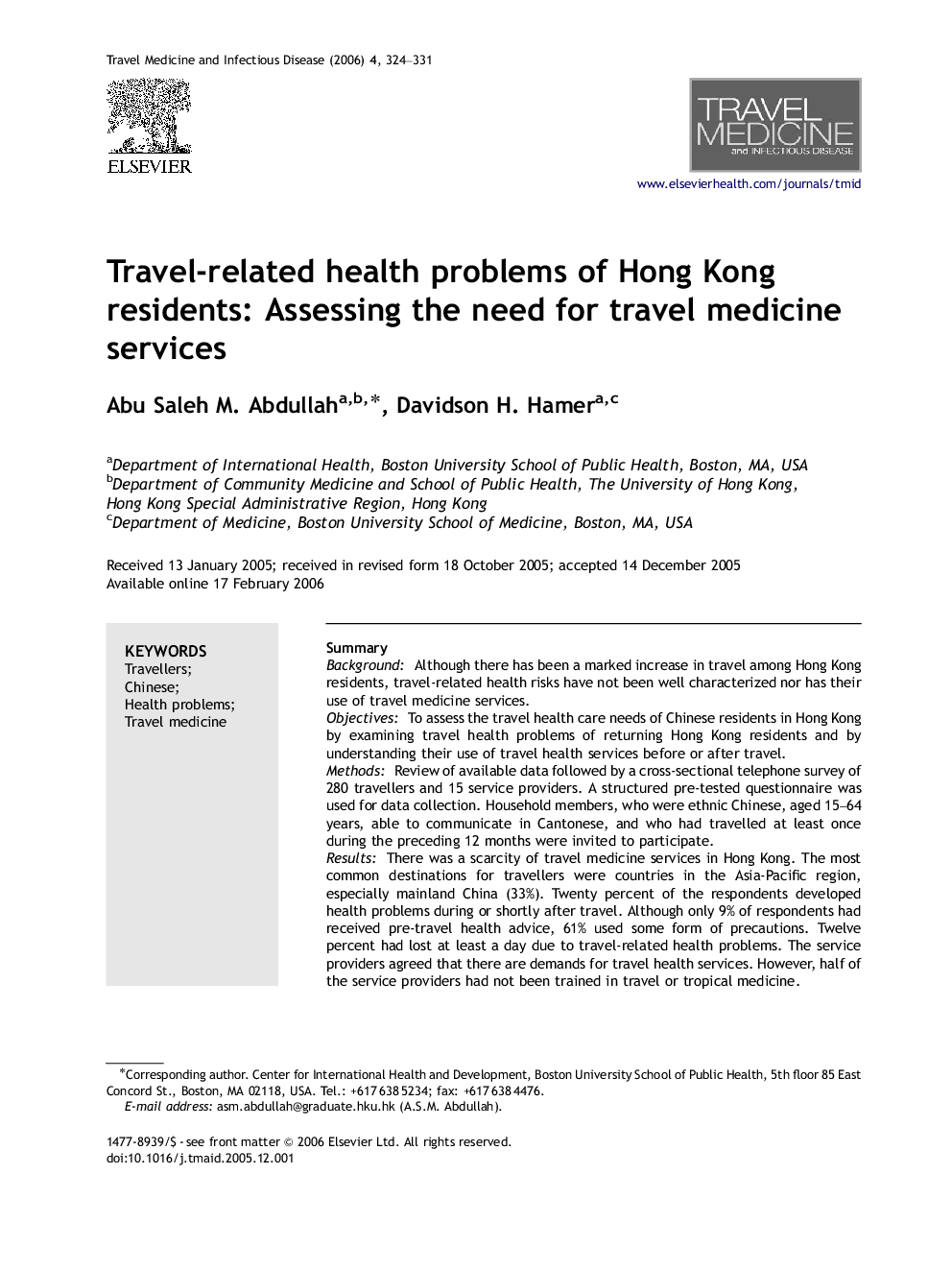 Travel-related health problems of Hong Kong residents: Assessing the need for travel medicine services