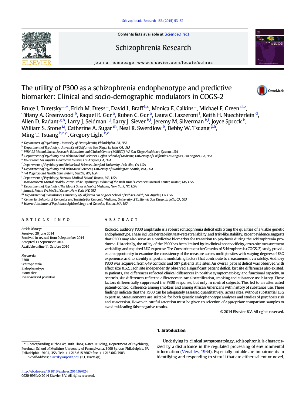 The utility of P300 as a schizophrenia endophenotype and predictive biomarker: Clinical and socio-demographic modulators in COGS-2