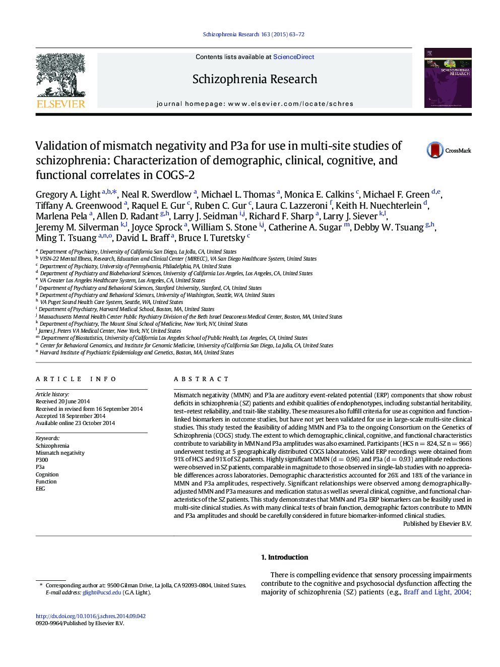 Validation of mismatch negativity and P3a for use in multi-site studies of schizophrenia: Characterization of demographic, clinical, cognitive, and functional correlates in COGS-2