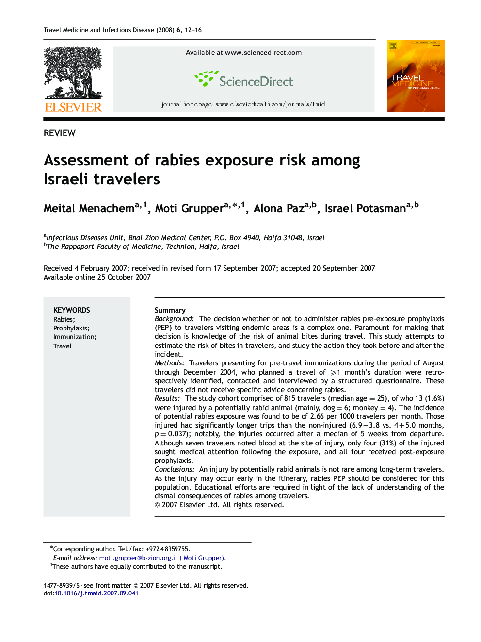 Assessment of rabies exposure risk among Israeli travelers