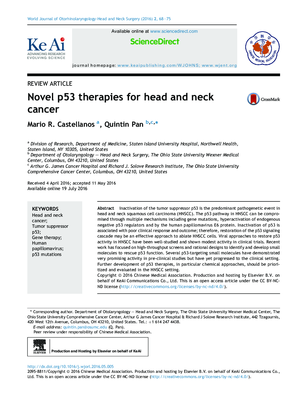 Novel p53 therapies for head and neck cancer 