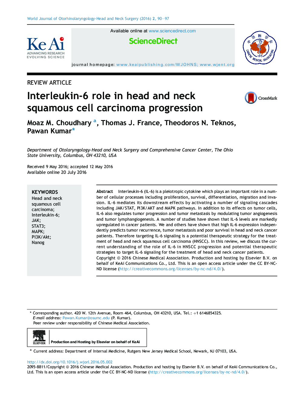 نقش اینترلوکین 6 در پیشرفت کارسینوم سلول سنگفرشی سر و گردن 
