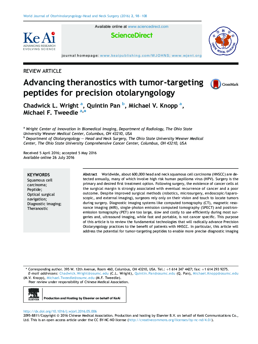 Advancing theranostics with tumor-targeting peptides for precision otolaryngology 