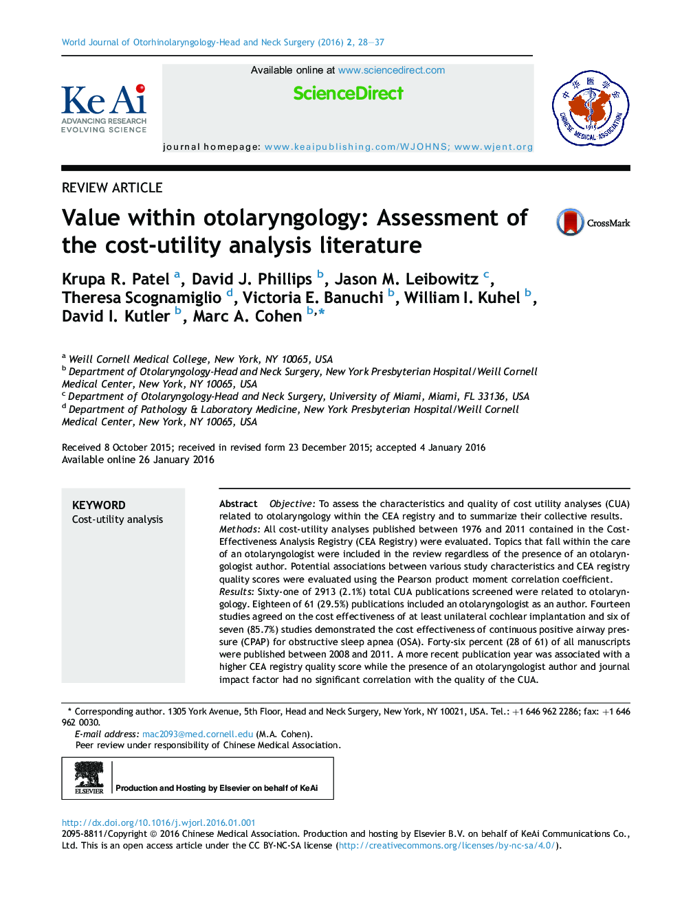 Value within otolaryngology: Assessment of the cost-utility analysis literature 