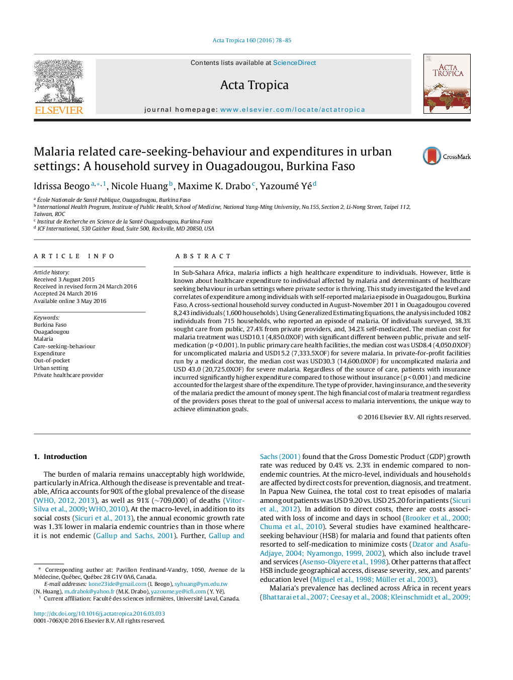 Malaria related care-seeking-behaviour and expenditures in urban settings: A household survey in Ouagadougou, Burkina Faso