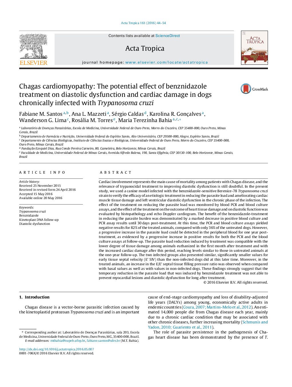 Chagas cardiomyopathy: The potential effect of benznidazole treatment on diastolic dysfunction and cardiac damage in dogs chronically infected with Trypanosoma cruzi