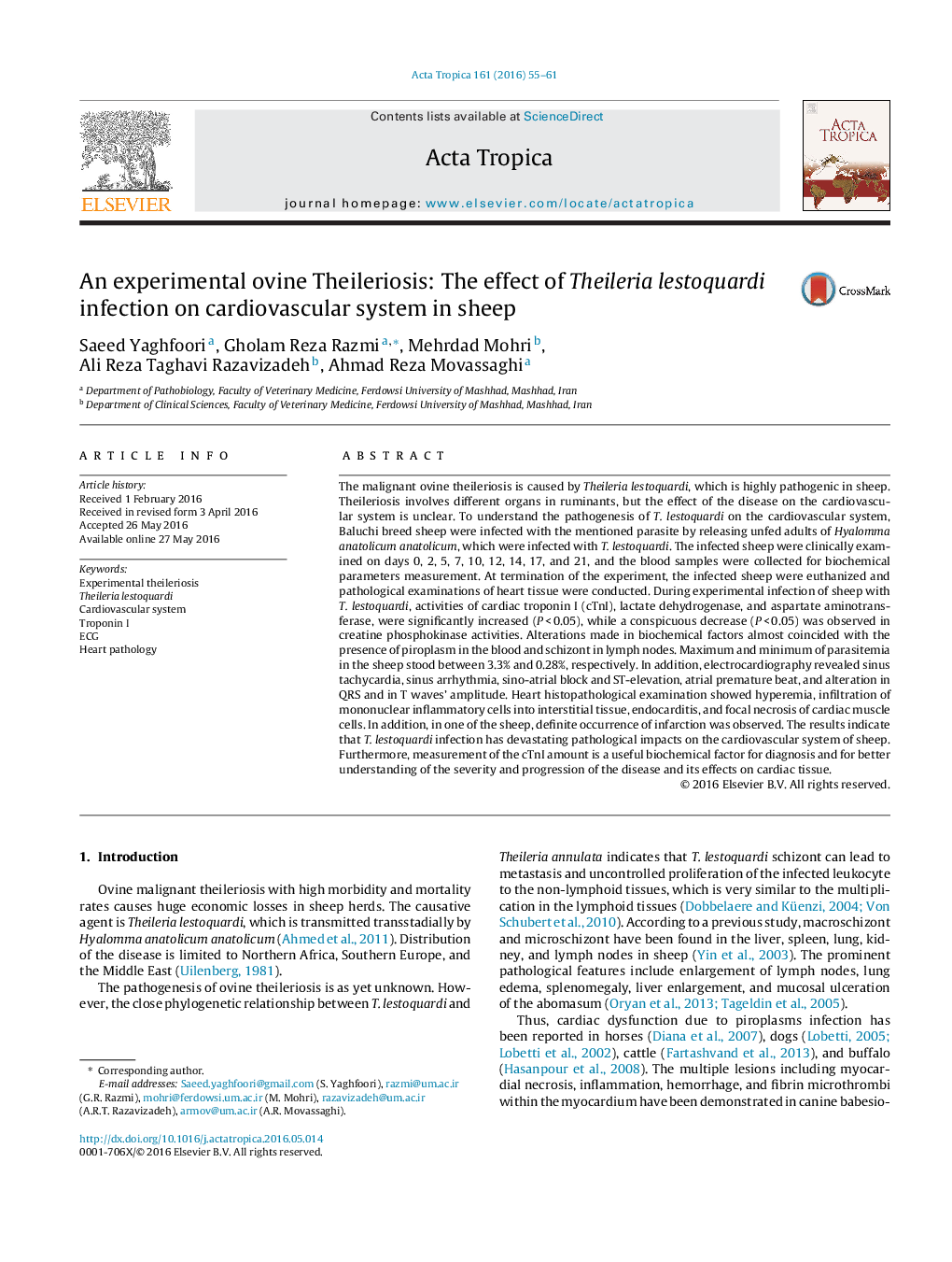 An experimental ovine Theileriosis: The effect of Theileria lestoquardi infection on cardiovascular system in sheep