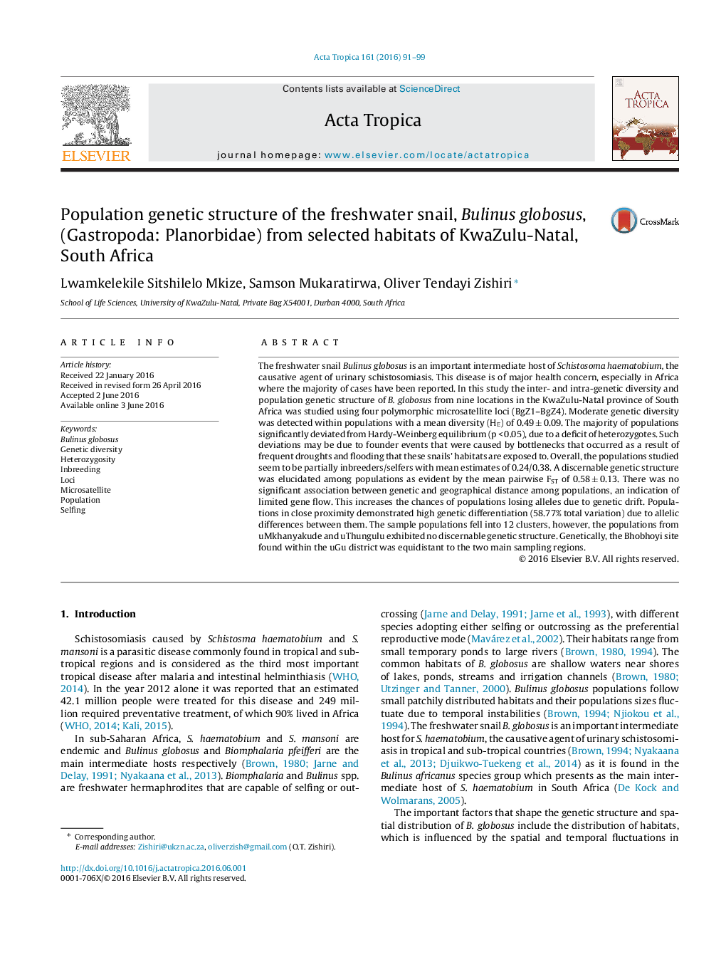 Population genetic structure of the freshwater snail, Bulinus globosus, (Gastropoda: Planorbidae) from selected habitats of KwaZulu-Natal, South Africa