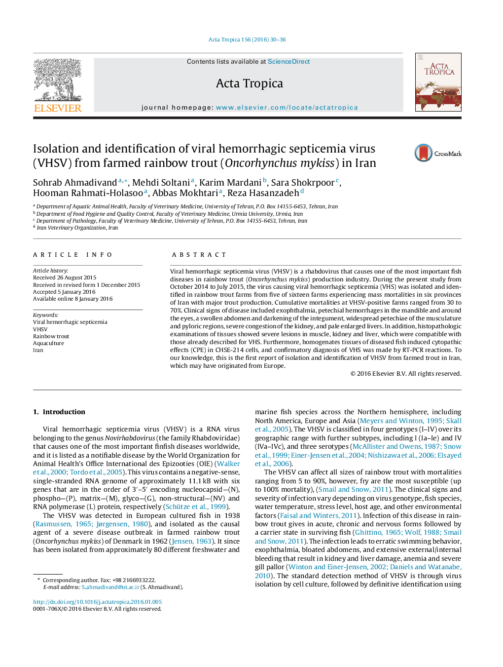 Isolation and identification of viral hemorrhagic septicemia virus (VHSV) from farmed rainbow trout (Oncorhynchus mykiss) in Iran