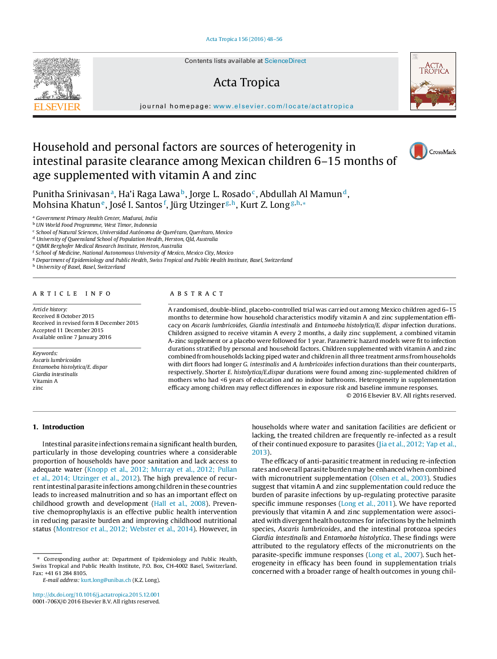 Household and personal factors are sources of heterogenity in intestinal parasite clearance among Mexican children 6–15 months of age supplemented with vitamin A and zinc