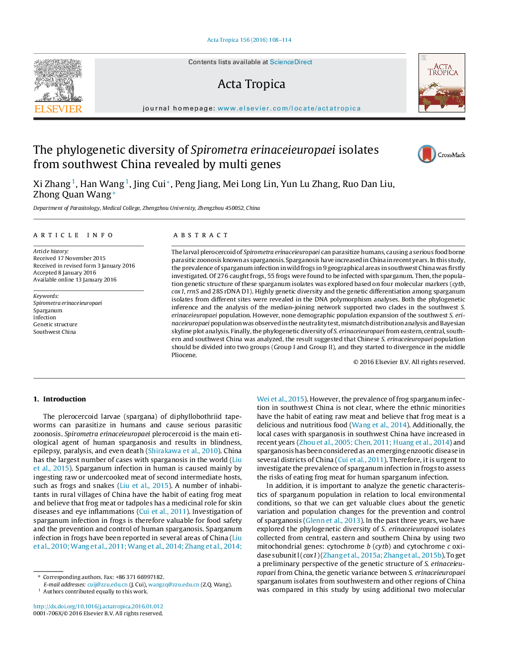 The phylogenetic diversity of Spirometra erinaceieuropaei isolates from southwest China revealed by multi genes