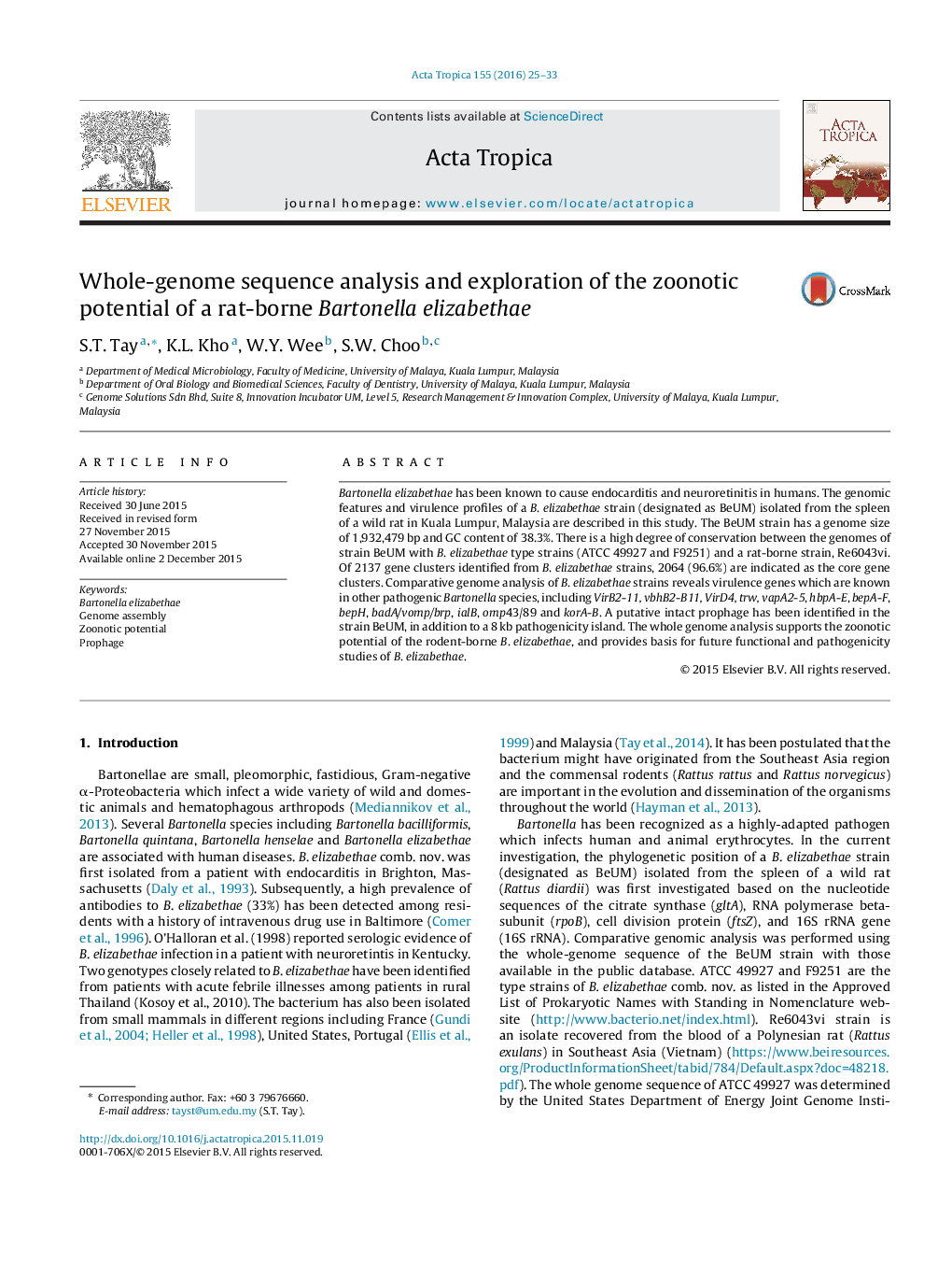 Whole-genome sequence analysis and exploration of the zoonotic potential of a rat-borne Bartonella elizabethae