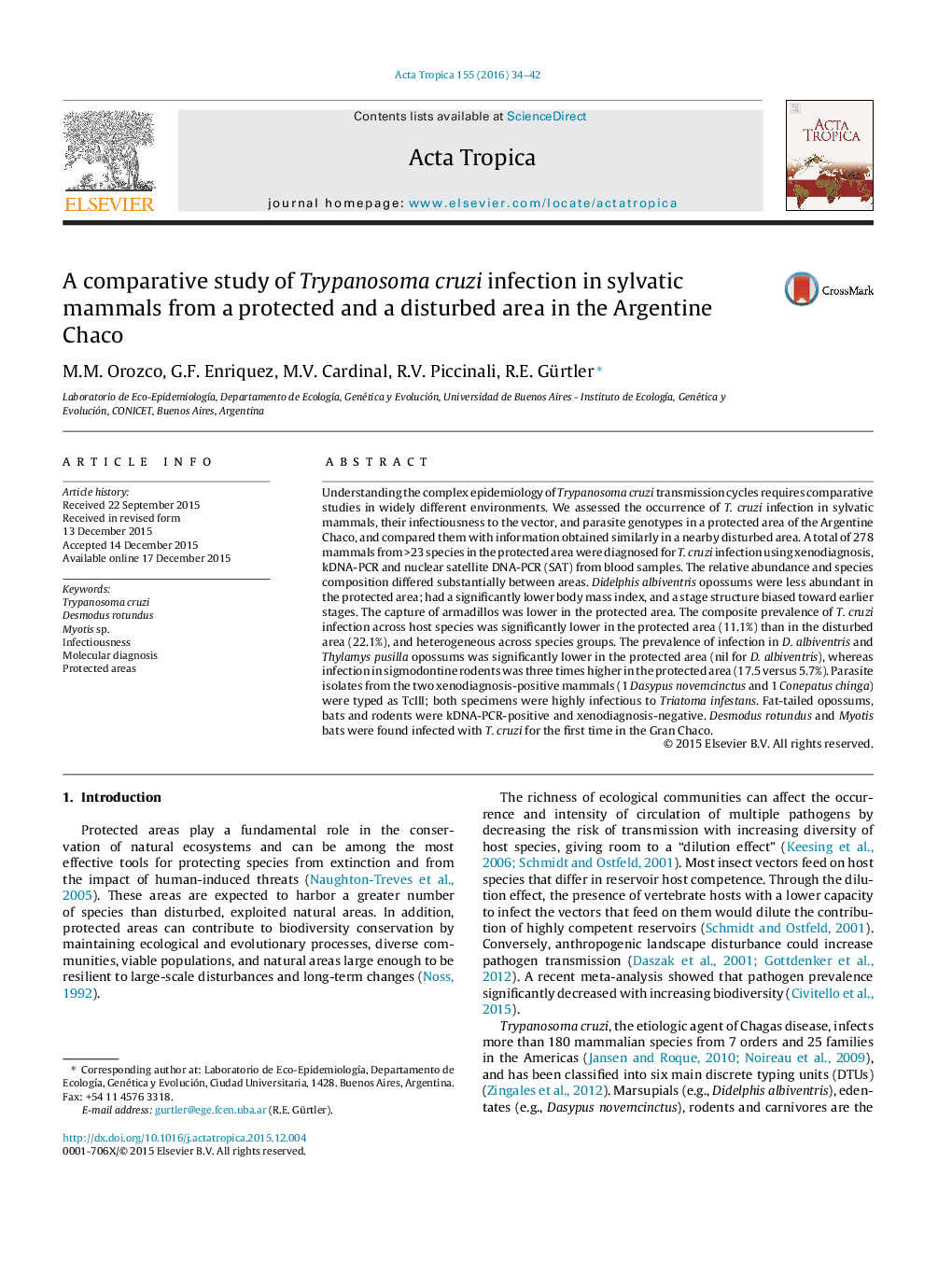 A comparative study of Trypanosoma cruzi infection in sylvatic mammals from a protected and a disturbed area in the Argentine Chaco