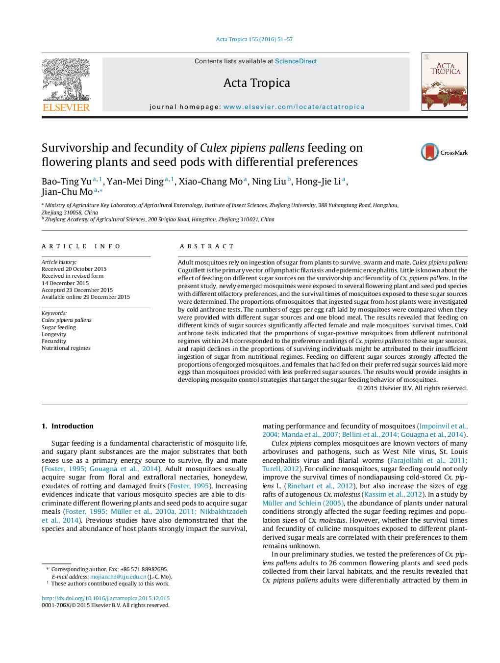 Survivorship and fecundity of Culex pipiens pallens feeding on flowering plants and seed pods with differential preferences