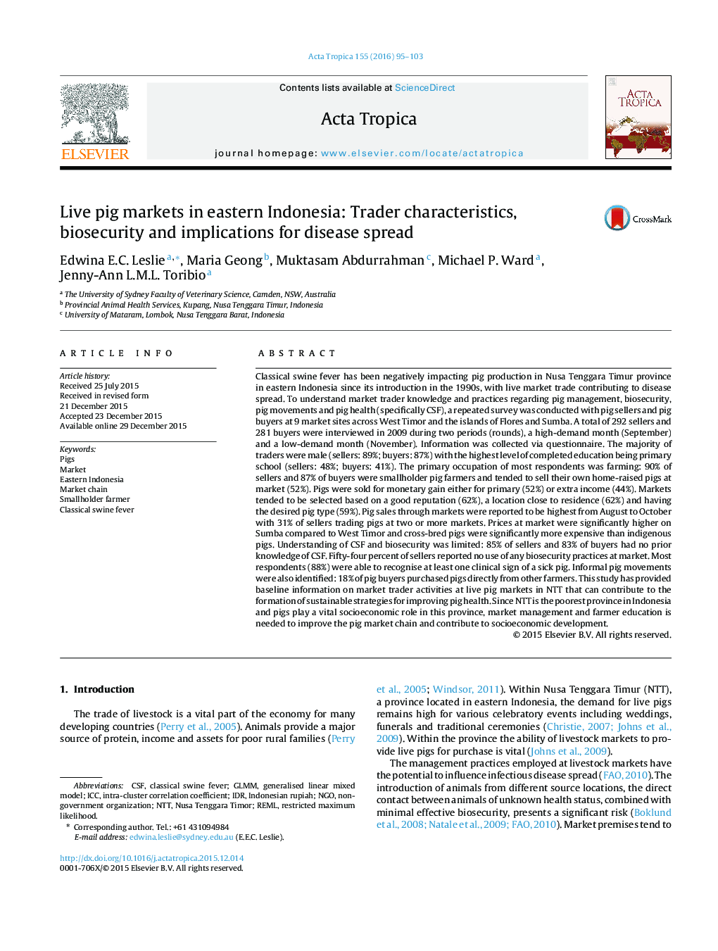 Live pig markets in eastern Indonesia: Trader characteristics, biosecurity and implications for disease spread