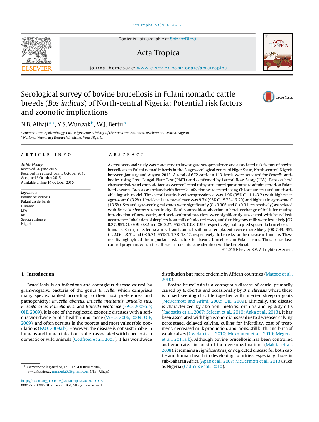 Serological survey of bovine brucellosis in Fulani nomadic cattle breeds (Bos indicus) of North-central Nigeria: Potential risk factors and zoonotic implications