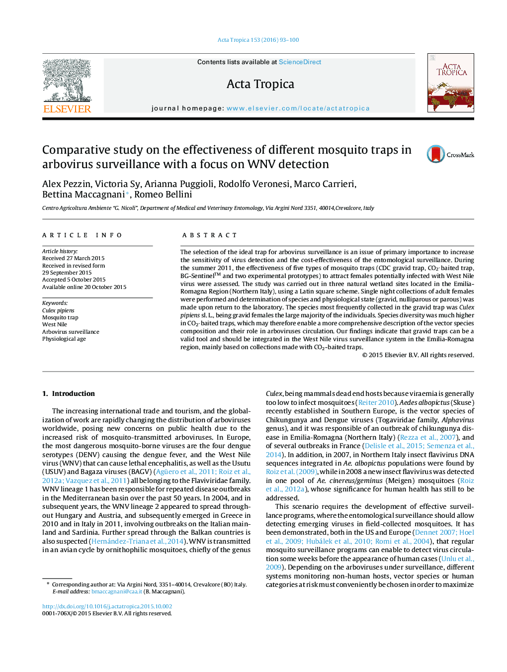 Comparative study on the effectiveness of different mosquito traps in arbovirus surveillance with a focus on WNV detection