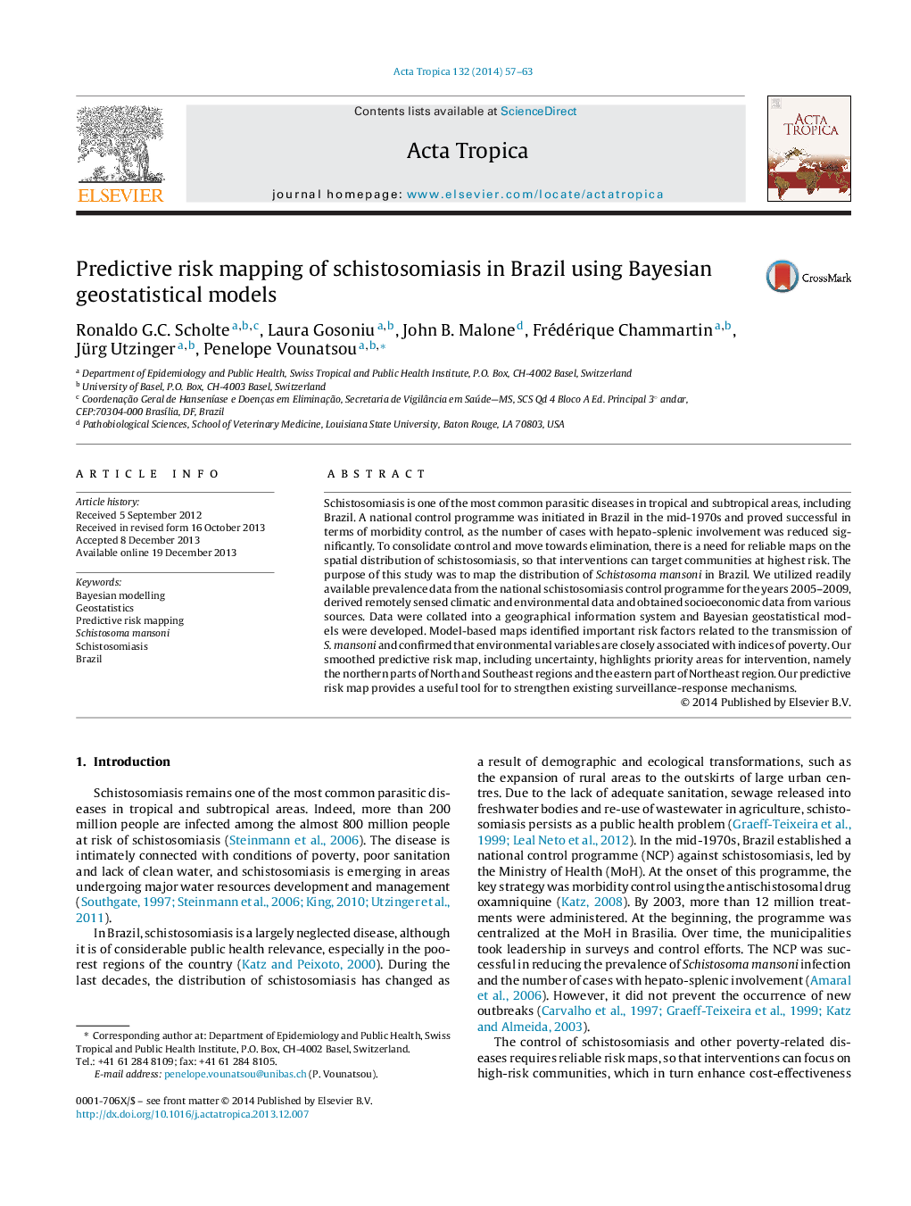 نقشه بردار خطر پیشگیری از شیستوزومیایز در برزیل با استفاده از مدل های ژئواستاتسیسکی بیزی 