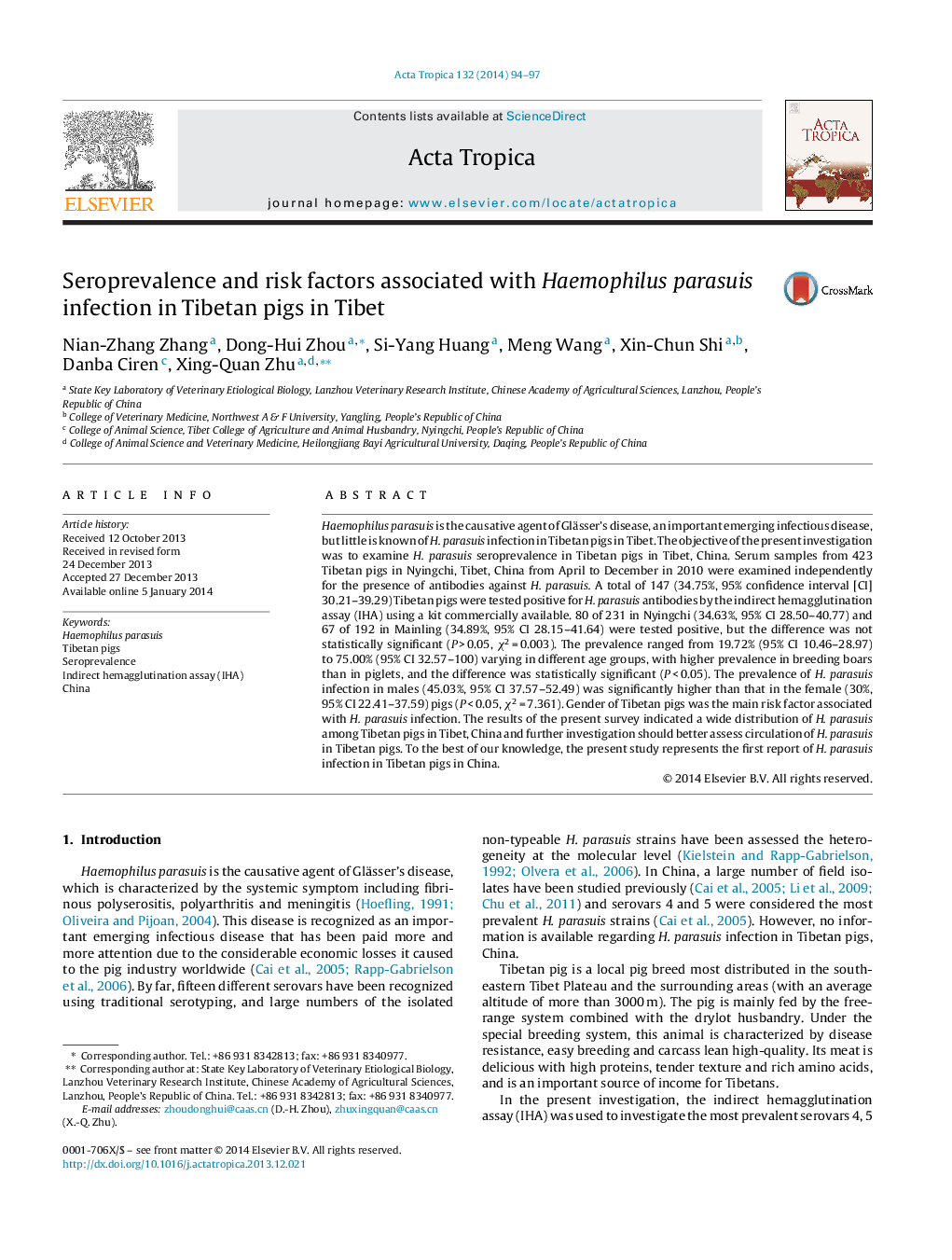 Seroprevalence and risk factors associated with Haemophilus parasuis infection in Tibetan pigs in Tibet