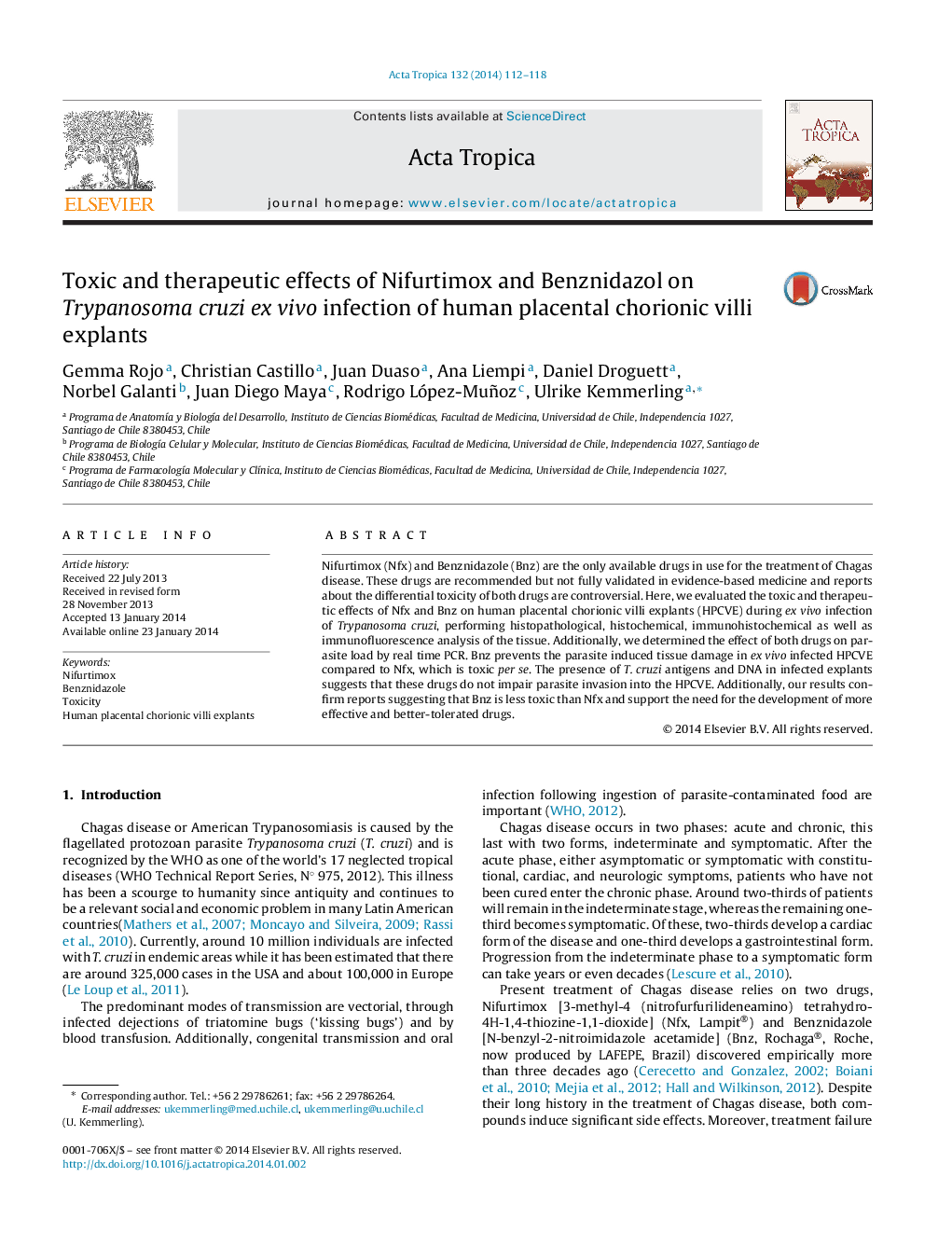 Toxic and therapeutic effects of Nifurtimox and Benznidazol on Trypanosoma cruzi ex vivo infection of human placental chorionic villi explants