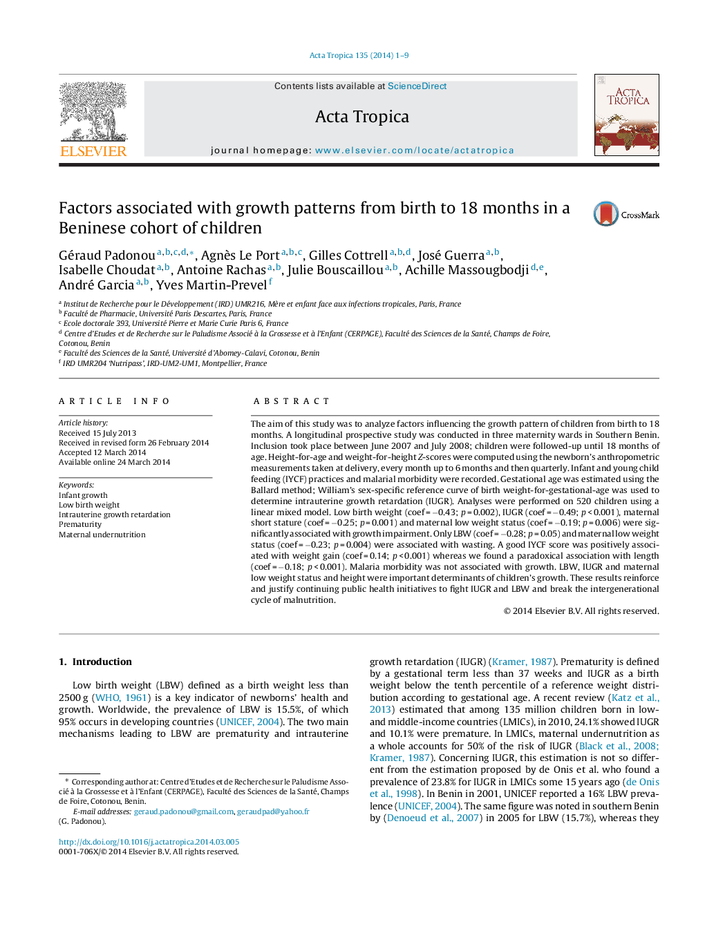 Factors associated with growth patterns from birth to 18 months in a Beninese cohort of children