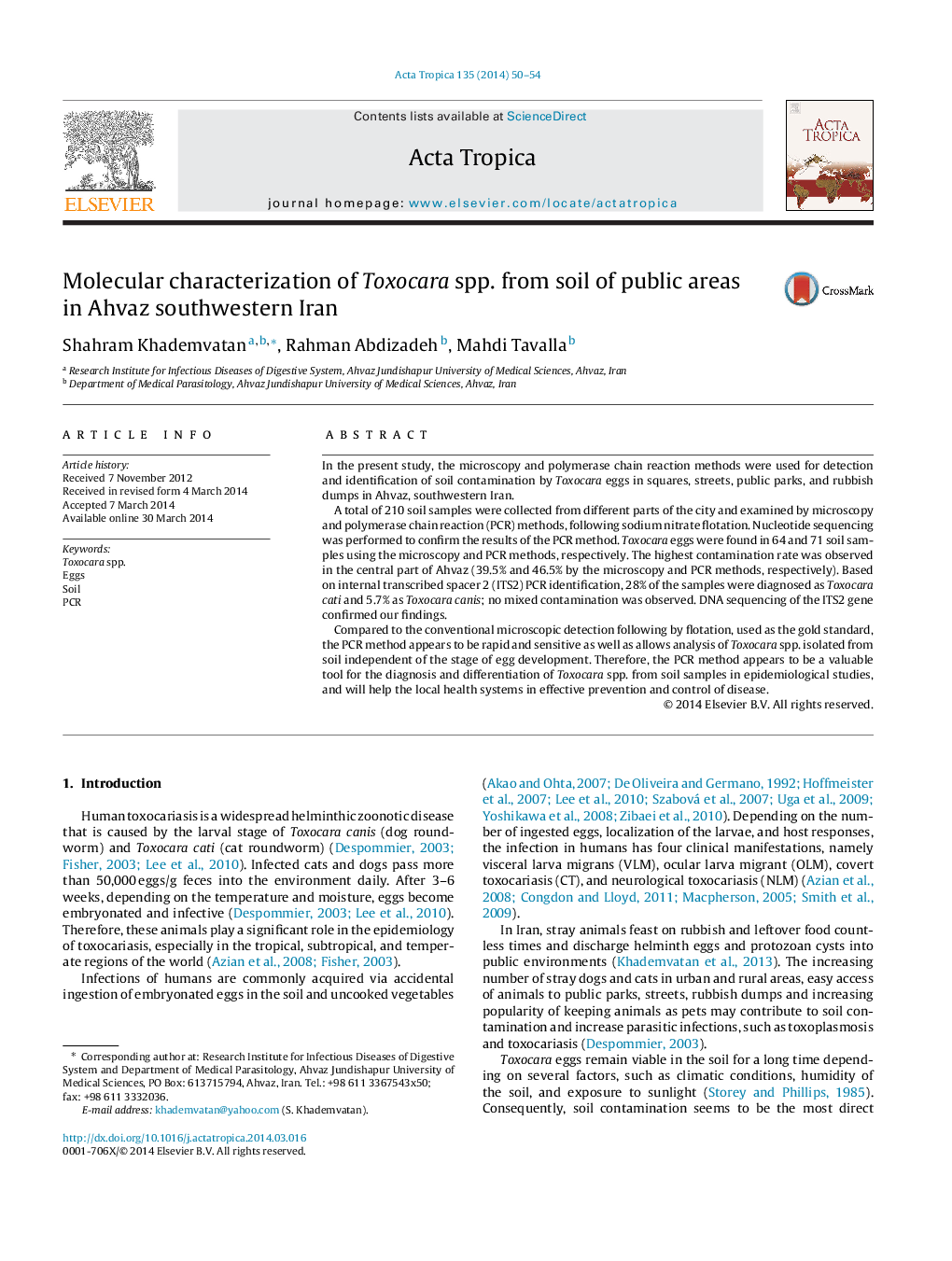 Molecular characterization of Toxocara spp. from soil of public areas in Ahvaz southwestern Iran