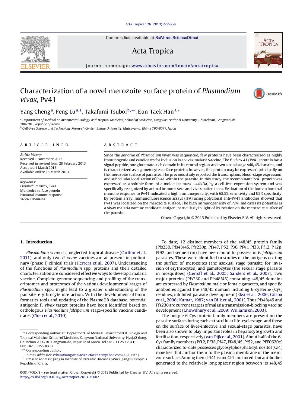 Characterization of a novel merozoite surface protein of Plasmodium vivax, Pv41