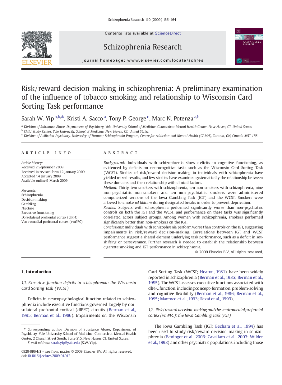 Risk/reward decision-making in schizophrenia: A preliminary examination of the influence of tobacco smoking and relationship to Wisconsin Card Sorting Task performance