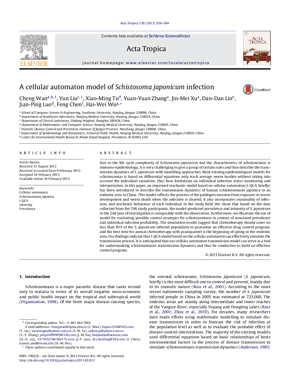 A cellular automaton model of Schistosoma japonicum infection