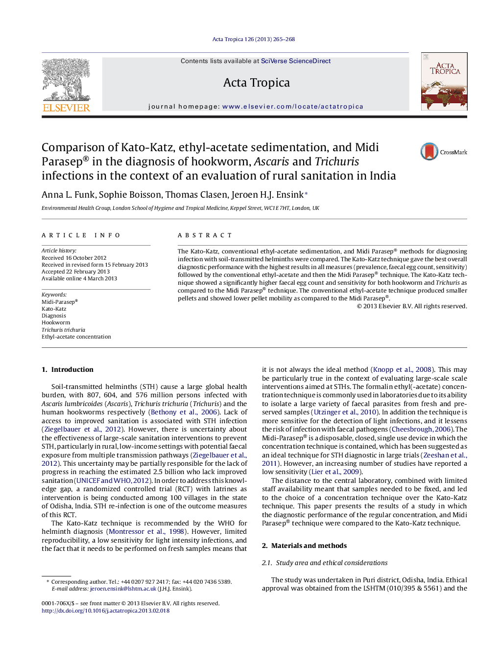 Comparison of Kato-Katz, ethyl-acetate sedimentation, and Midi Parasep® in the diagnosis of hookworm, Ascaris and Trichuris infections in the context of an evaluation of rural sanitation in India