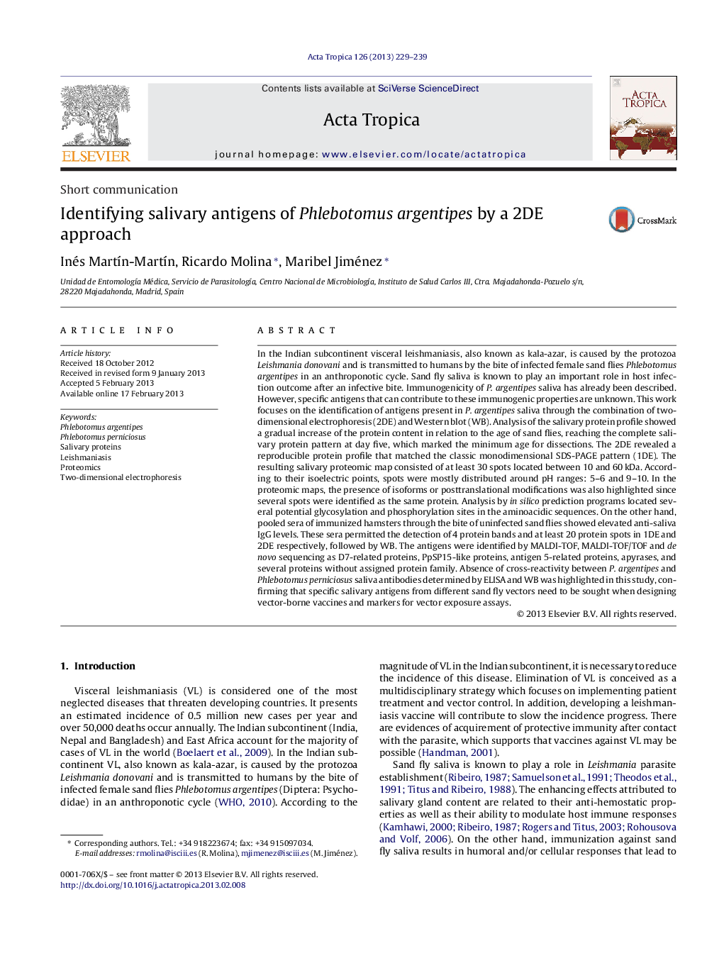 Identifying salivary antigens of Phlebotomus argentipes by a 2DE approach