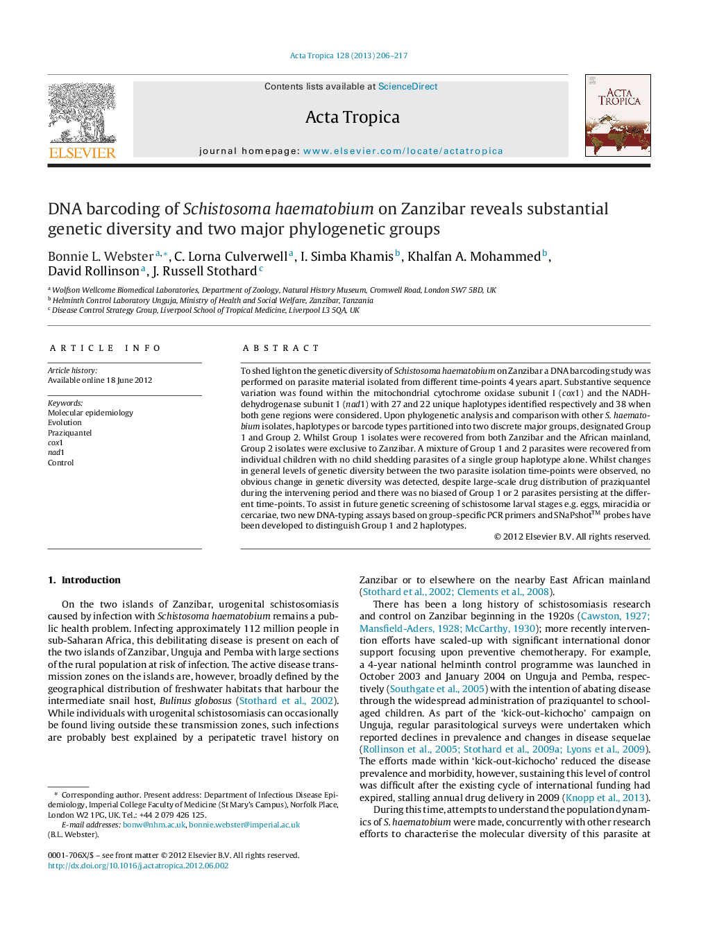 DNA barcoding of Schistosoma haematobium on Zanzibar reveals substantial genetic diversity and two major phylogenetic groups