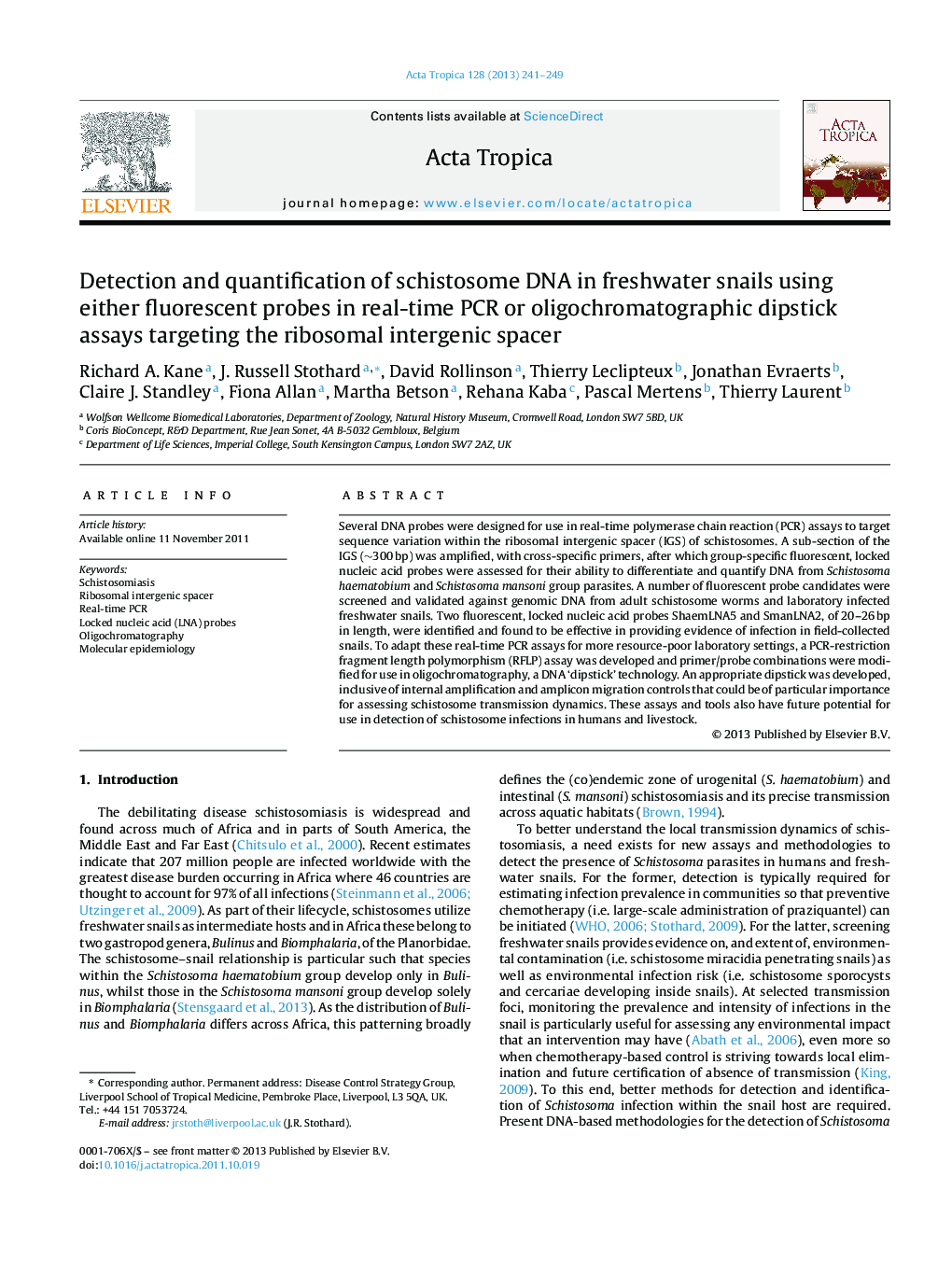 Detection and quantification of schistosome DNA in freshwater snails using either fluorescent probes in real-time PCR or oligochromatographic dipstick assays targeting the ribosomal intergenic spacer